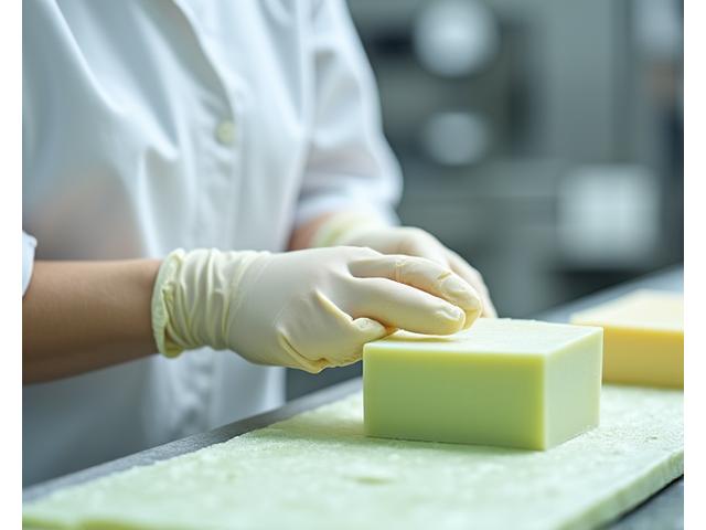 清潔な製造エリアで石鹸を成形する職人の手元