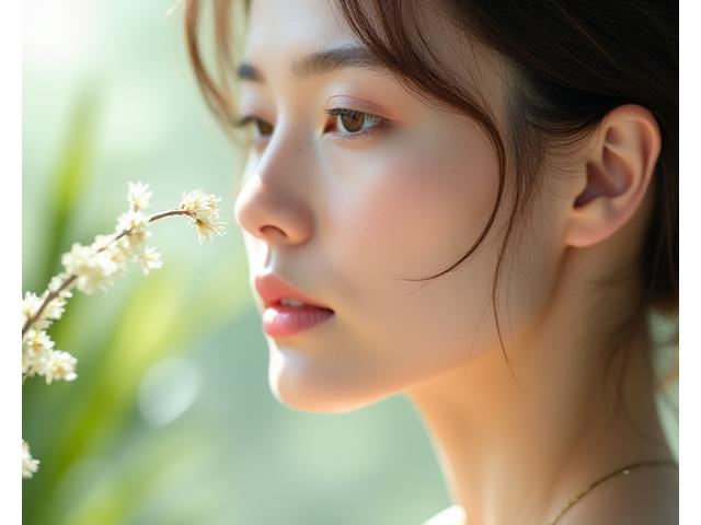 敏感肌に優しい製品と穏やかな肌の女性