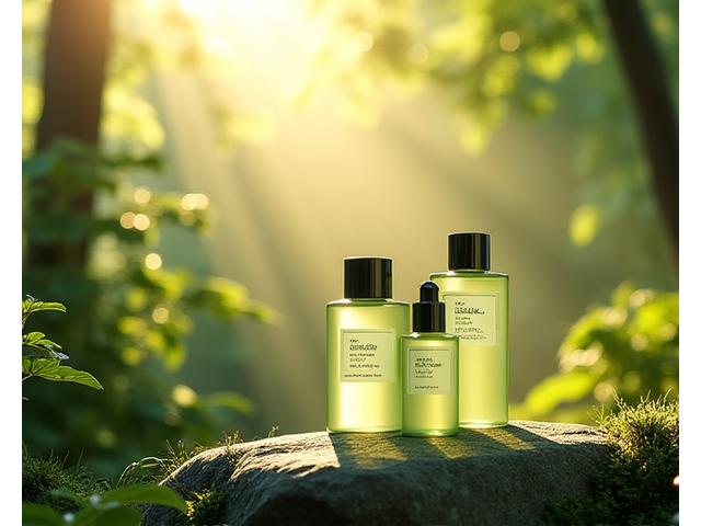 朝日が差し込む新緑の森と透明感のあるナチュラルスキンケア製品